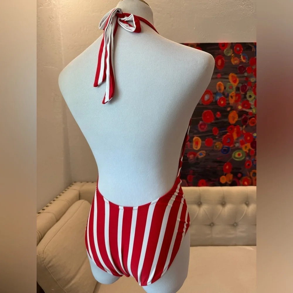 Milly Cabana red & white stripped deep V neck one piece swimsuit size 0P